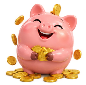 Petit cochon rose heureux avec sa réserve de pièces